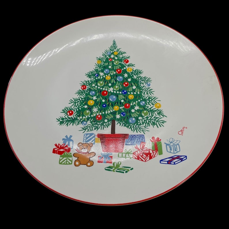 Vintage Porcelain Christmas Cake Stand Christmas Tree / Presents / Teddy Bear Cake Plate Himark by Saltera, Made in Japan Pedestal image 2