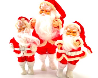 Vintage - Set of 3 - 1940s - 1950s Santa Claus Dolls - Plastic Face & Hands - Made in Japan  - Plastic Boots - Stamped Japan - Christmas