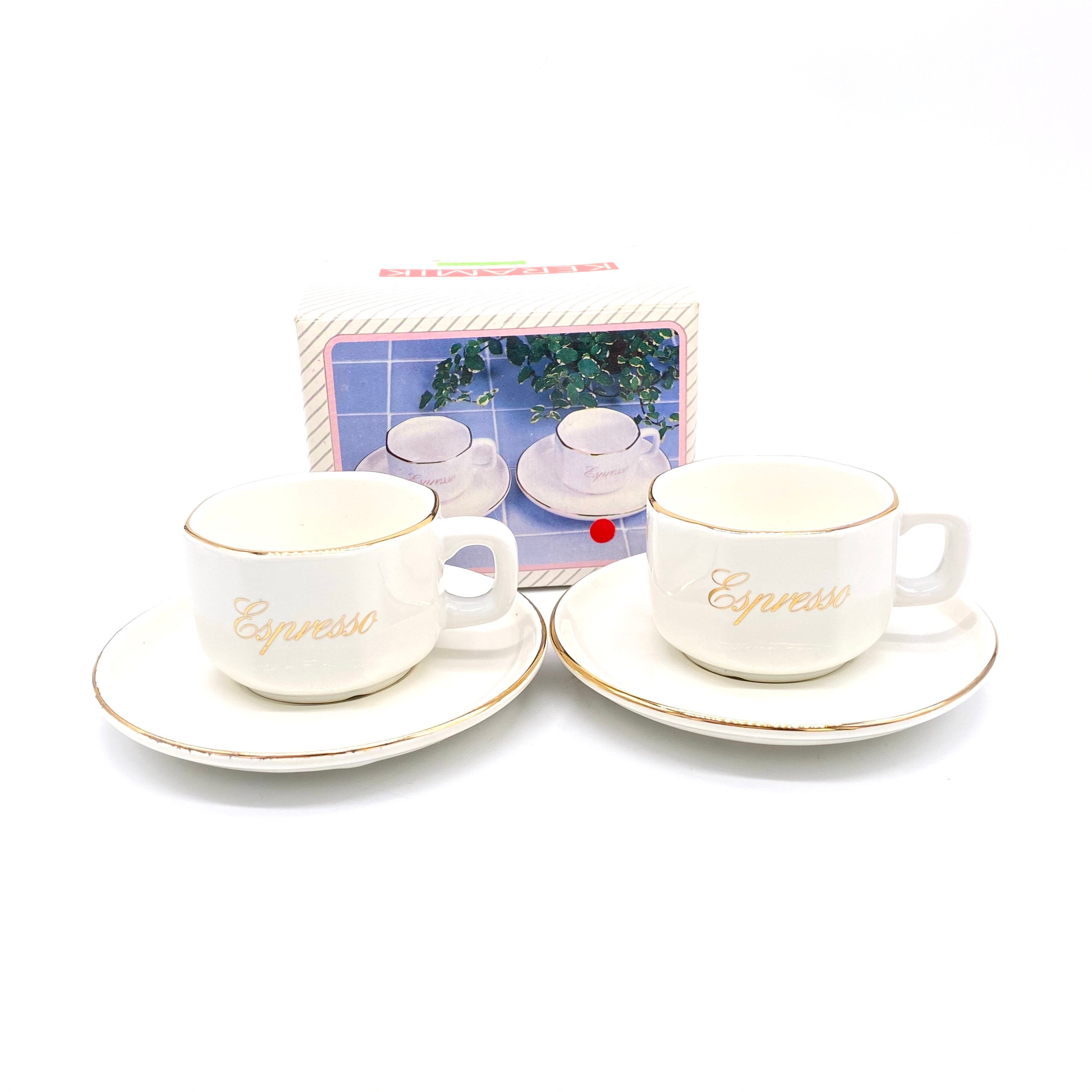 Vintage New in Box Set of 2 Demitasse Cups and Saucers by Keramik Each Cup  Reads Espresso in Gold Script 