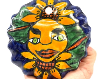 Vintage- Mexican Talavera - Ceramic Sun Flower Face - Wall Decor Pottery - Folk Art - 5” Hand Painted Pottery