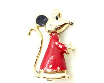 Vintage - Gold Tone -  Enameled Christmas Pin / Brooch - Mouse