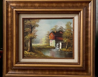 Original Oil Painting by Robert Moore “Mill on Stream” Signed Painting on Canvas in Wood Frame - Art Size 8x10 - Framed Size 18.5x16
