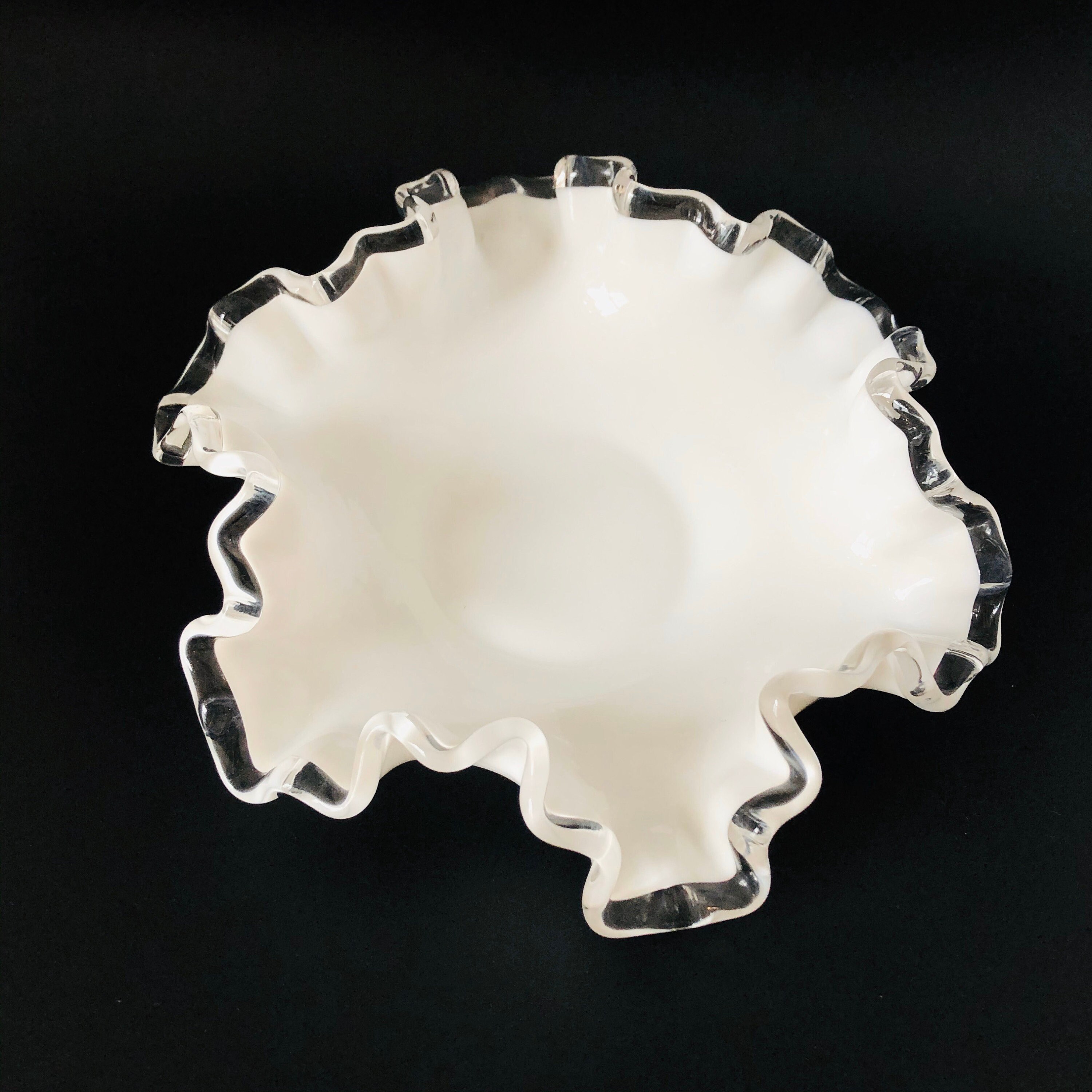 Vintage Fenton Art Glass Silver Crest Milk Glass With Ruffled Edge