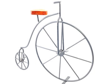 Vintage - Metal Wire Rod Sculpture - High Wheel Bicycle - Unicycle - Table Display - Wall Hanging - Wood Seat