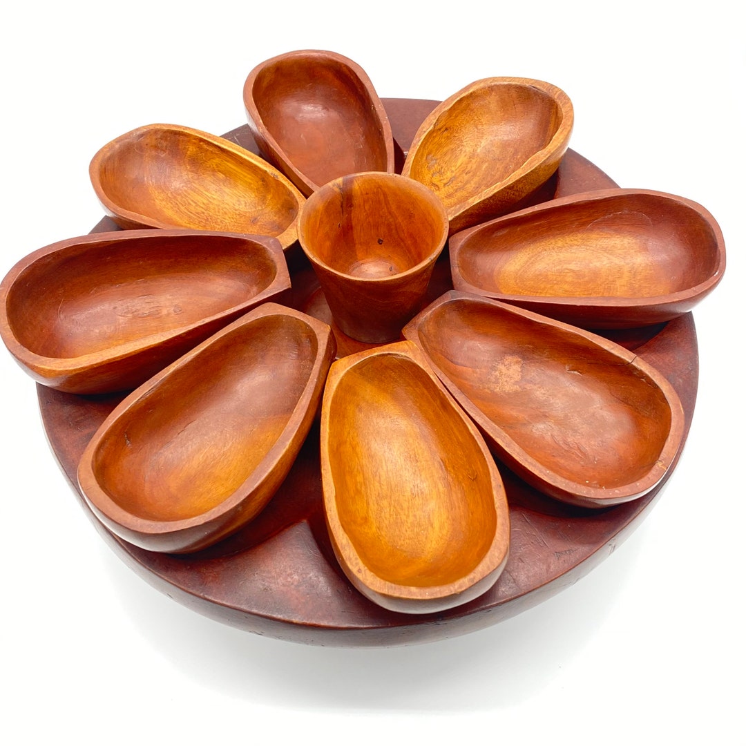 Vintage Mid Century Modern Hand Carved Wood Serving Tray and Bowls on