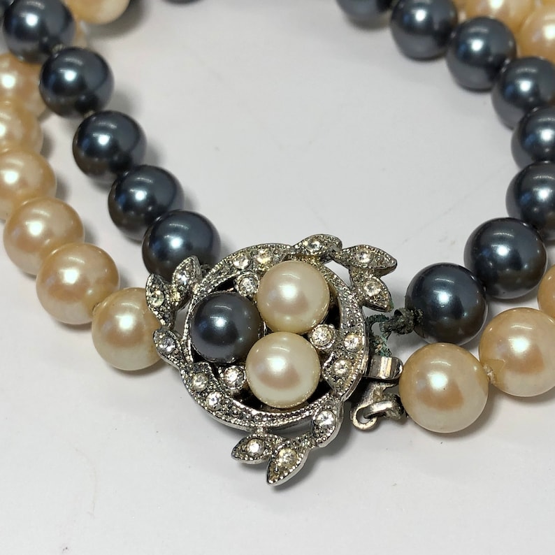 Still in Original Box Vintage Prestige Hand Knotted Double Straded Pearls with Rhinestone Clustered Silver-Tone Clasp