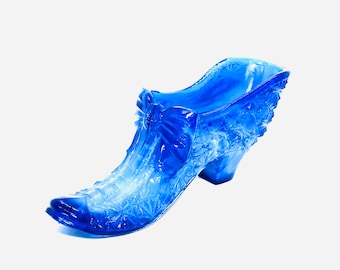 Vintage BOYD GLASS Victorian Slipper / Shoe - Frosted Cobalt Blue Iridescent Marbilized Slide Glass-Milk Glass - Daisy and Button Pattern