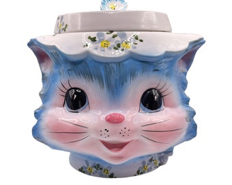 Vintage - Lefton - #1502 - MISS PRISS - Cookie Jar - Anthropomorphic- Blue Cat with Floral Hat - Made in Japan - Retro - Kitsch - 1950s