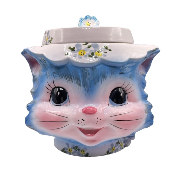 Vintage - Lefton - #1502 - MISS PRISS - Cookie Jar - Anthropomorphic- Blue Cat with Floral Hat - Made in Japan - Retro - Kitsch - 1950s