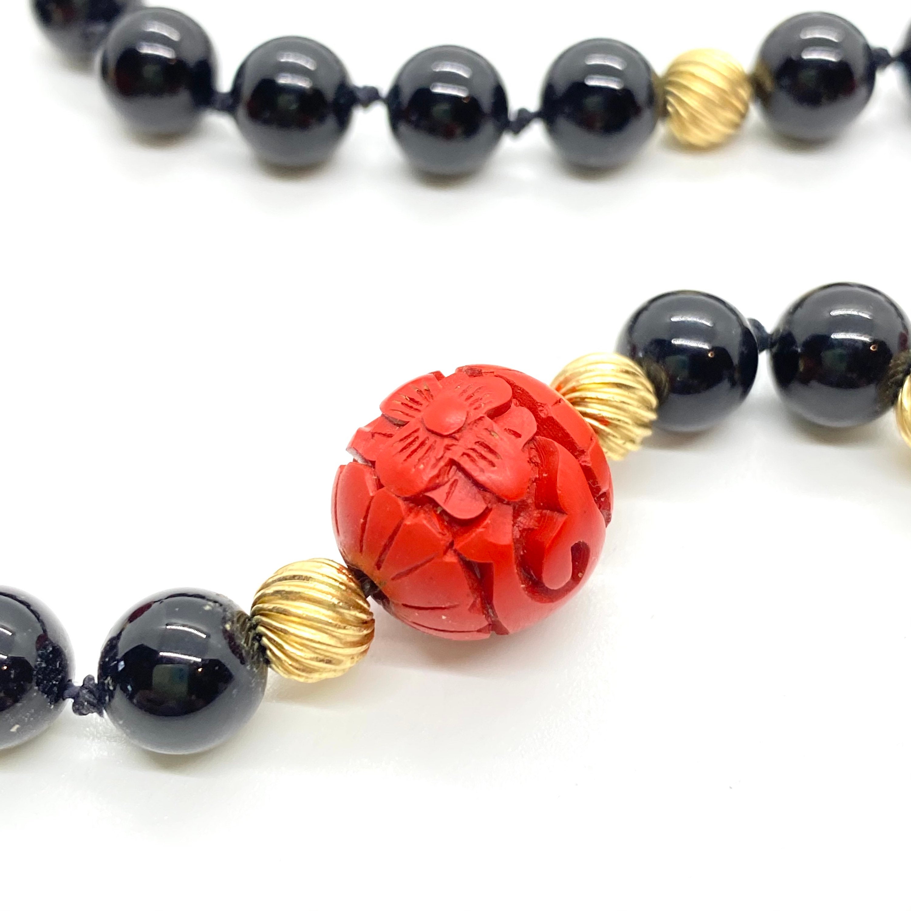 Vintage - Cinnabar Carved Beads - Gold Filled Fluted - Black