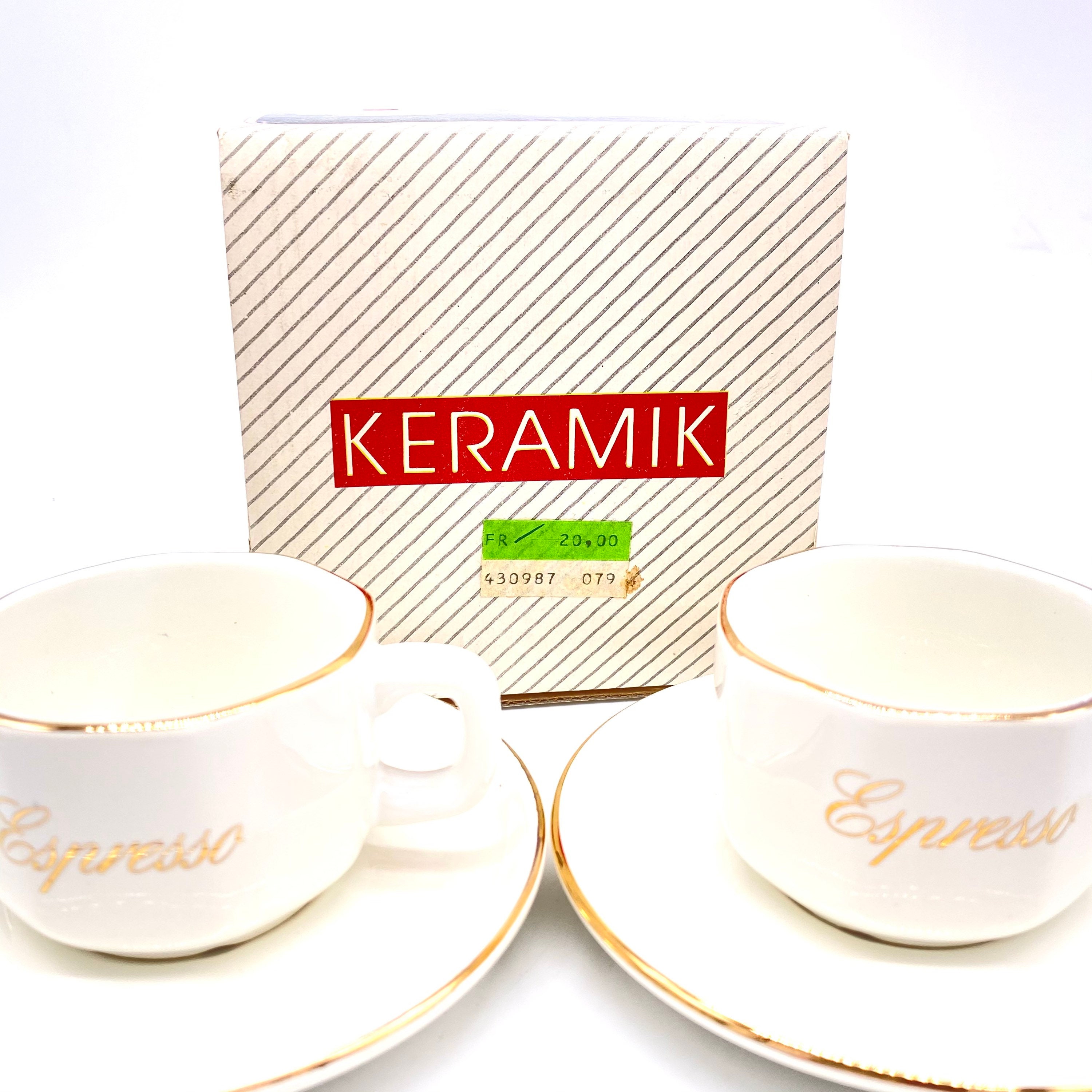 Vintage New in Box Set of 2 Demitasse Cups and Saucers by Keramik Each Cup  Reads Espresso in Gold Script 