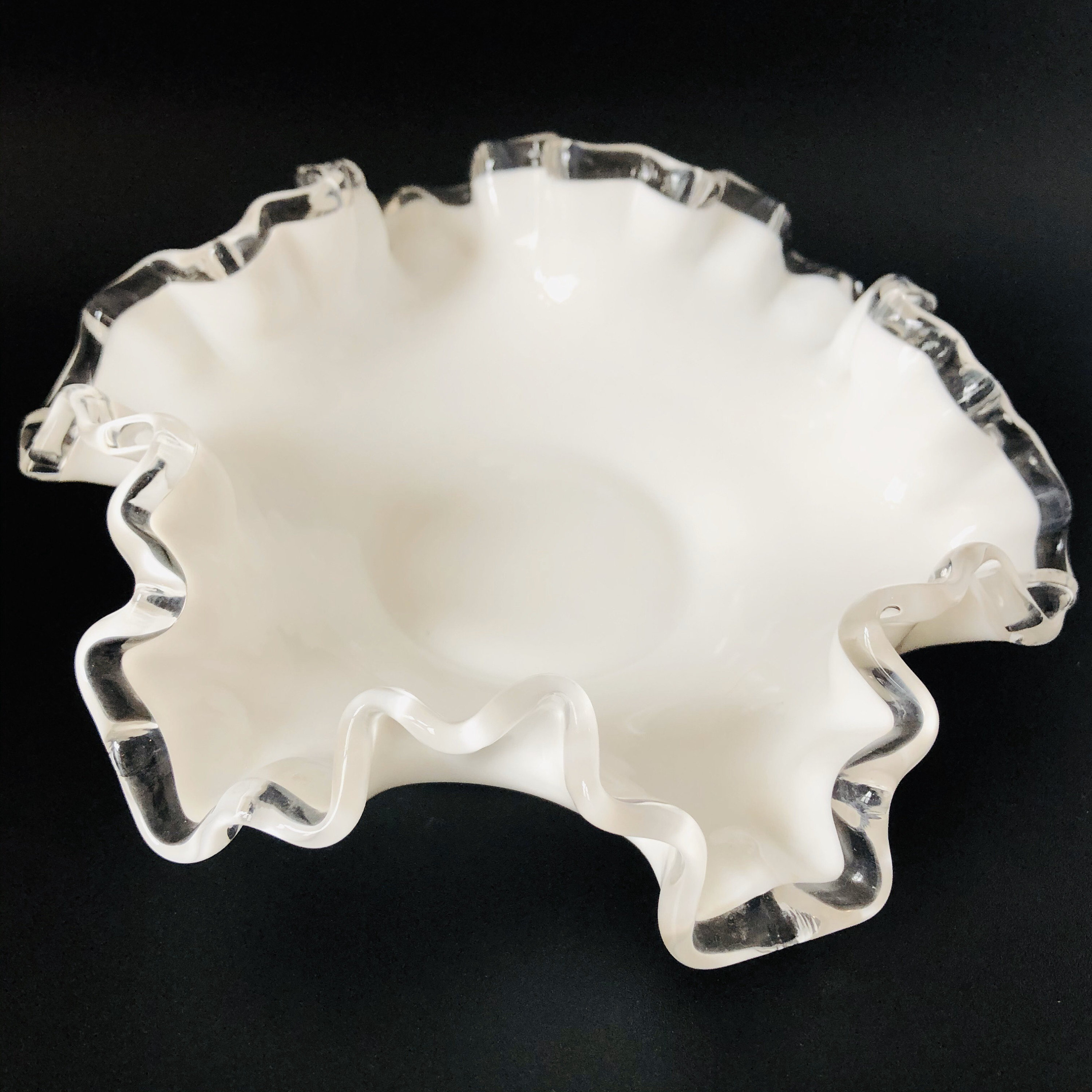 Vintage Fenton Art Glass Silver Crest Milk Glass With Ruffled Edge