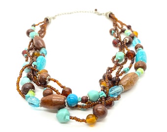 Naszyjnik Vintage Turquoise Brown and Wood Beaded Multi Strand Statement - 18" długości