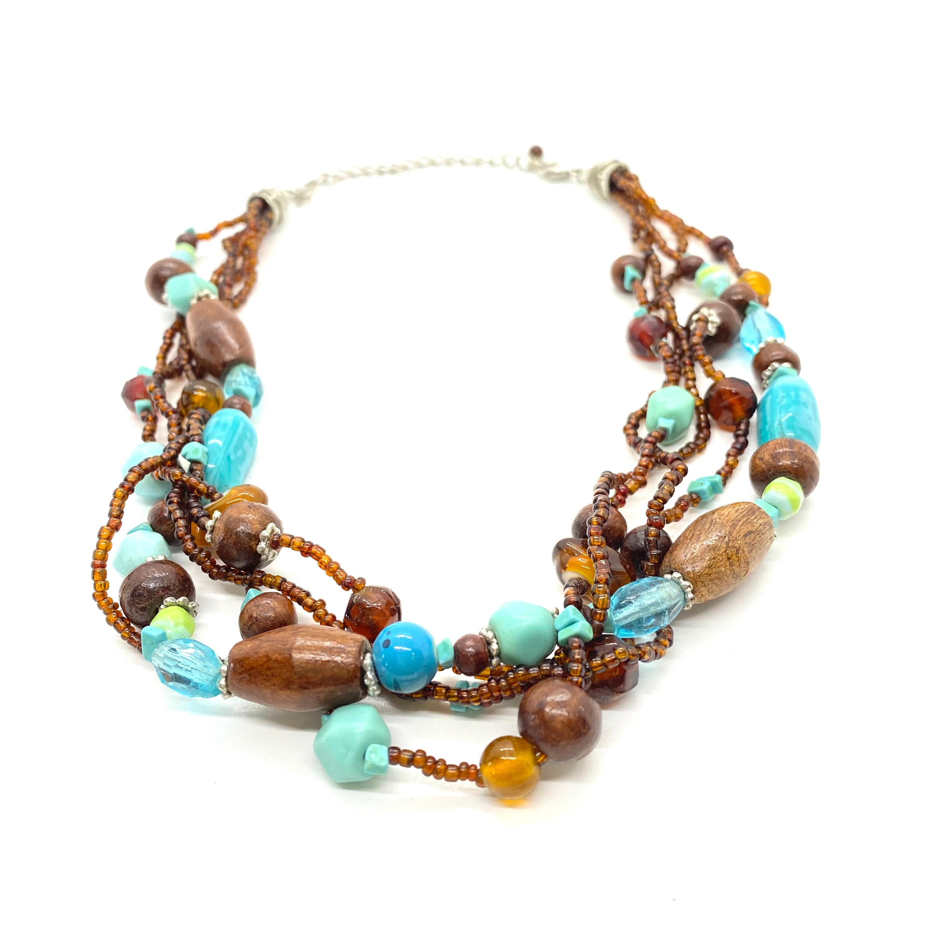ヴィンテージ ターコイズ ブラウンとウッドビーズのマルチストランド