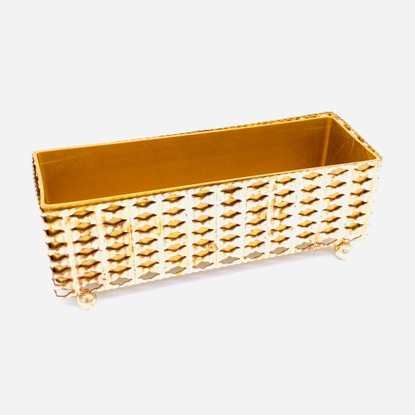 Vintage George Koch Sons Inc - Gold - Mid Century Planter - Gold Insert with Diamond Metal Frame on Balled Feet