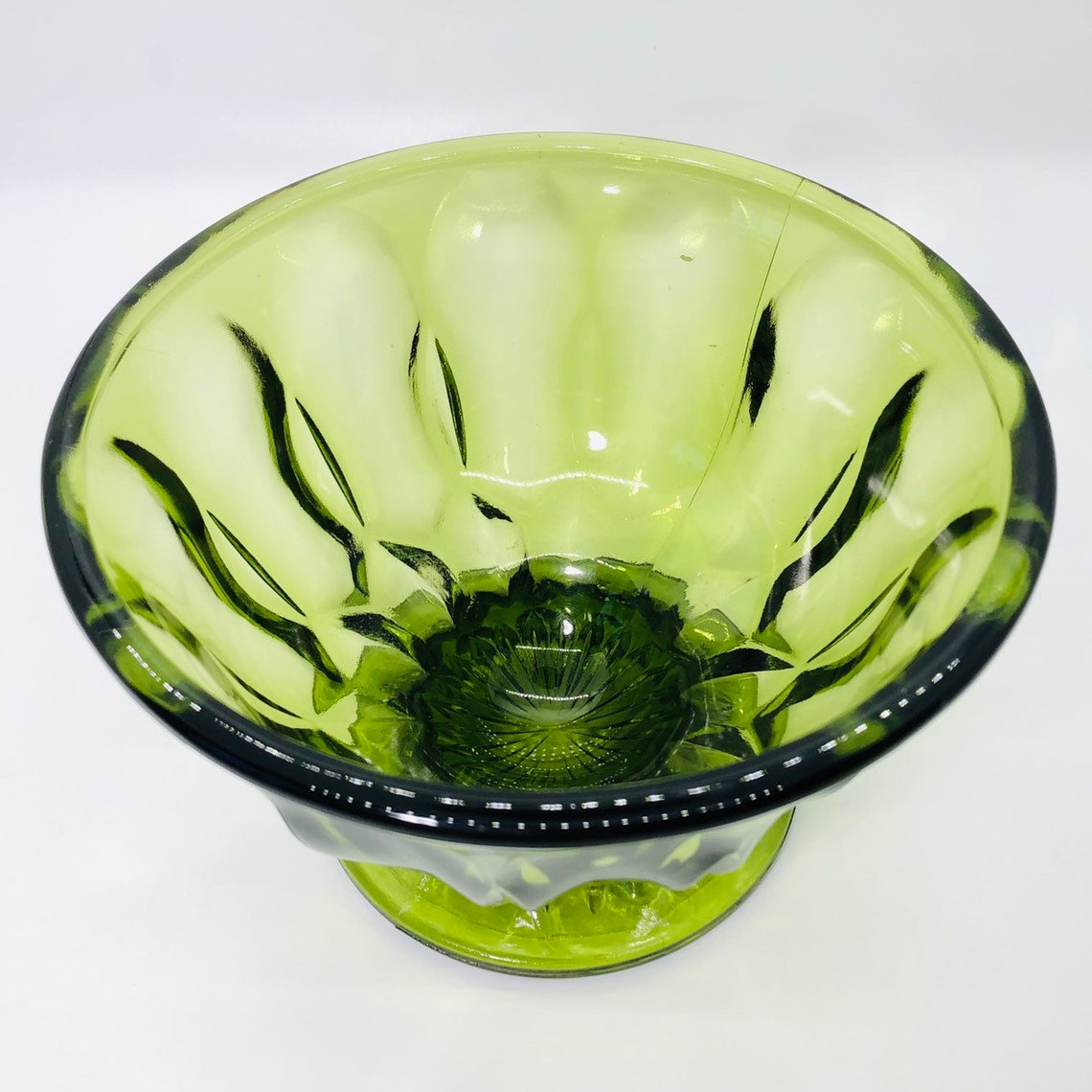 Vintage Mid Century Green Glass Pedestal Footed Bowl Etsy