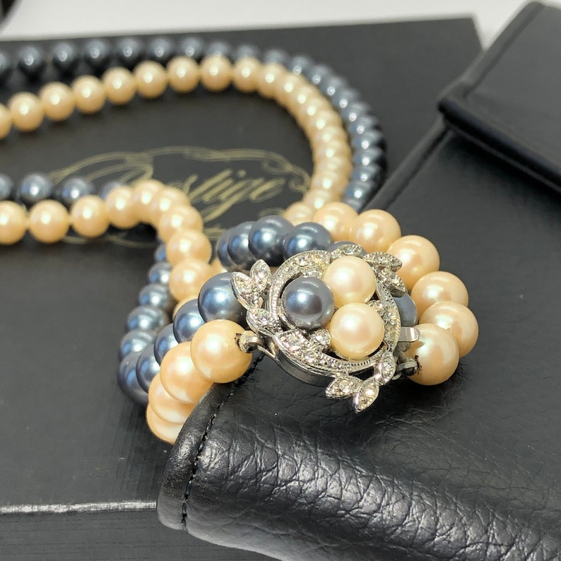 Still in Original Box Vintage Prestige Hand Knotted Double Straded Pearls with Rhinestone Clustered Silver-Tone Clasp