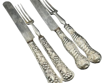 ANTIQUE - Very RARE - 4 Pieces Total - 2 Dessert Sets - Sterling Silver (12) Hollow Embossed Handles - Grapevine - Harp / Floral Patterns