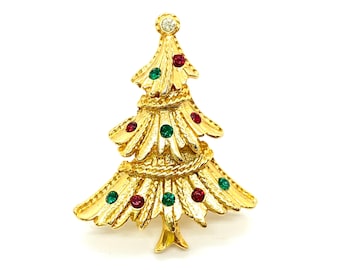 Vintage - Gold Tone Christmas Pin / Brooch - Christmas Tree - Rhinestones