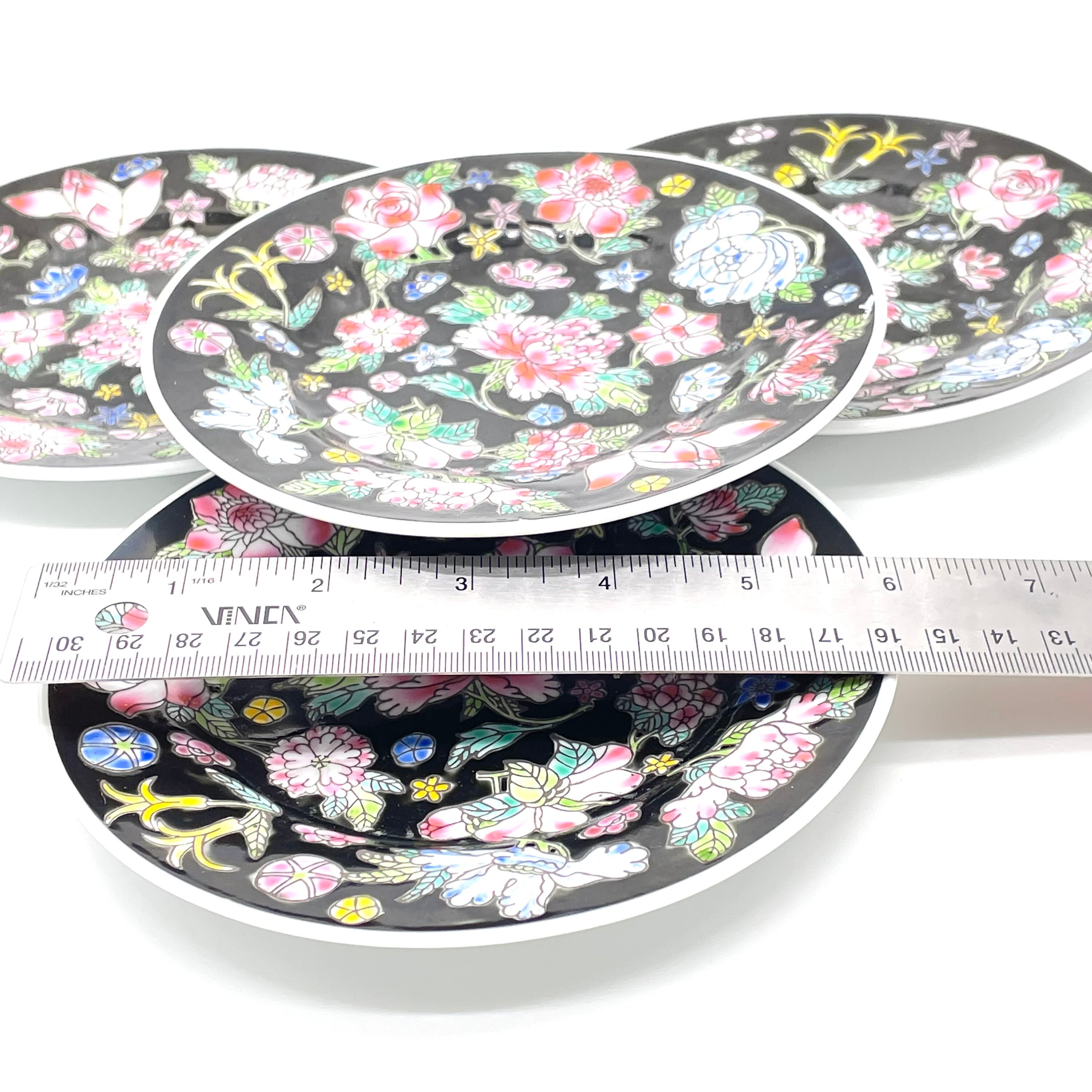 Set of 4 Vintage Chinese Porcelain Black Floral 6”plates