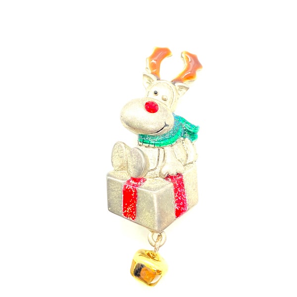 Vintage - AJMC - Enamel - Silver Tone - Christmas Pin / Brooch - Reindeer Sitting on Present - Bell