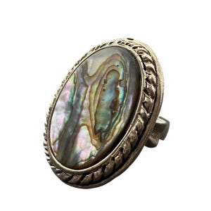 May include: A silver-toned ring featuring an oval abalone shell. The iridescent shell displays shades of green, blue, and purple. The ring has a decorative, textured border and a wide band.