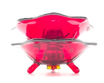 Vintage - Fenton Glass - Ruby Red 848 Lotus Petal Footed Nine Petal Amberina Candlestick Holders Circa 1960's