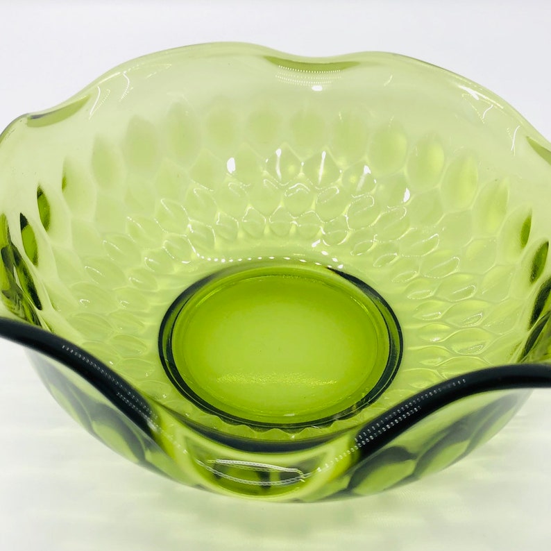 Vintage Mid Century Green Glass Bowl With Ruffled Edge Etsy