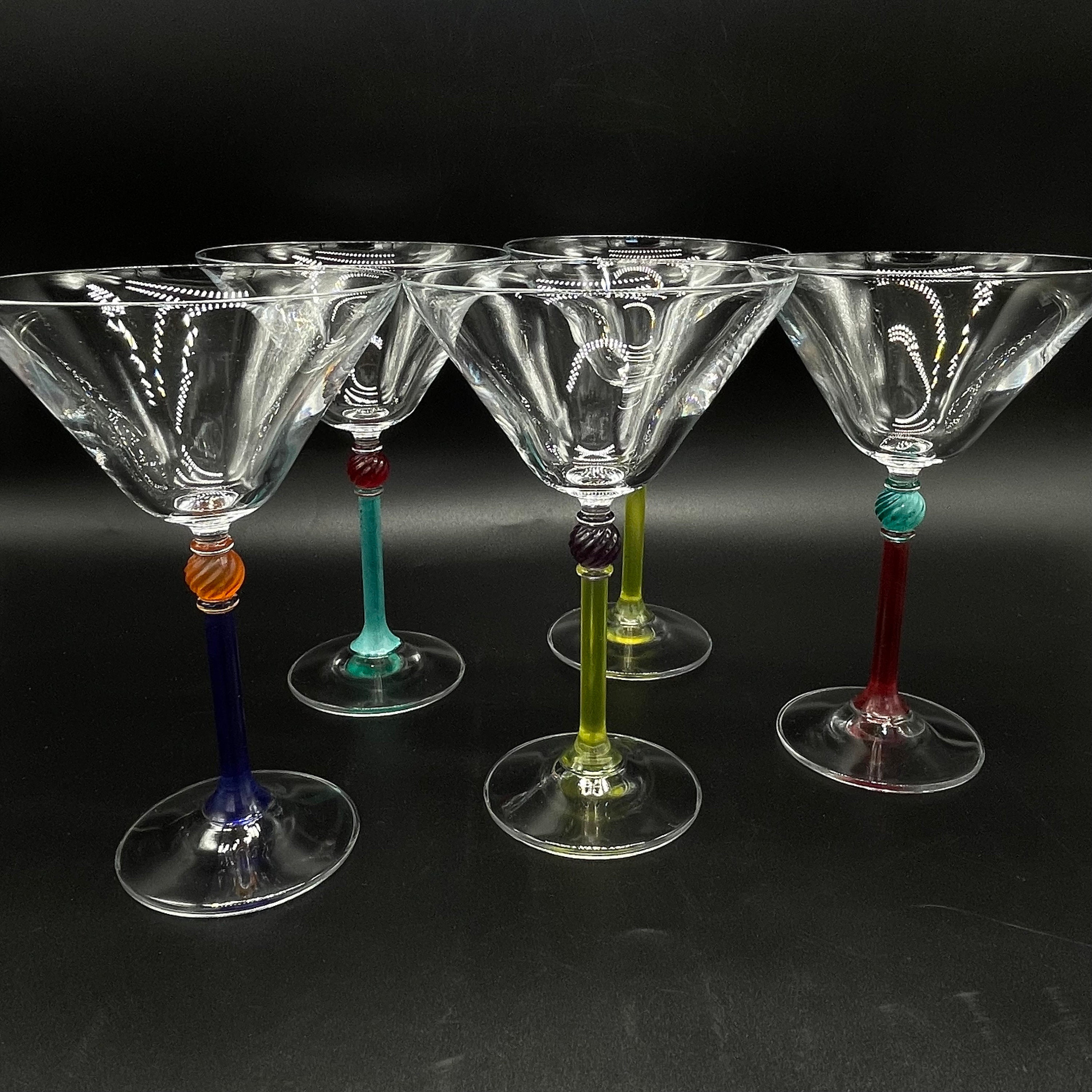 Vintage Colored Glass Mini Martini Glasses Set of 8 W/ Short Bubble Stem,  MCM Minimalist Sherry Liqueur Cups, Modern Style, Cocktail 