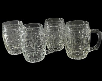 Vintage - Set of 4 - Italy - Italian Glass w/ Italian Inscription - Signed - Matt Single Tolman - Beer Barrel Mugs - Clear Heavy Glass 4”