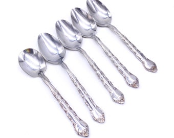 Vintage - Imperial Stainless Steel Flatware - Fleurette - Set of 5 Teaspoons - Made in Korea - Floral Design - Mid Century Kitchen