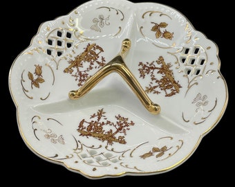 Vintage - White Porcelain Arnart Japan Center Handled 3 Sectioned Dish / Serving Piece Reticulated Gold Gilded Edge & Florals