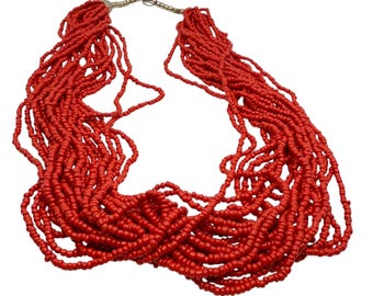 Vintage - Hellrot / Orange / Koralle - Rocailles - Multi Strand - Statement Halskette - 24 "lang