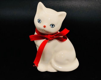 Vintage -  Takahashi - Japan - White Kitten / Cat Figurine with Blue Eyes and Red Bow