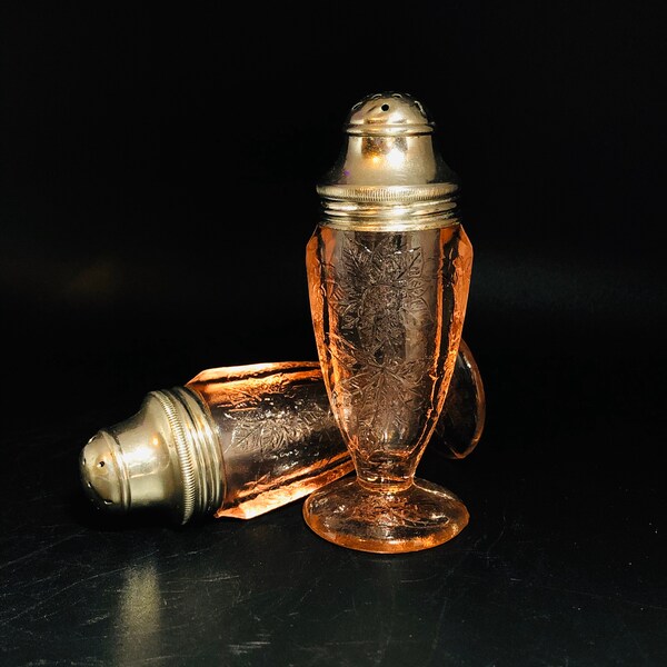 Vintage - Pink Depression Glass - Floral - Jeannette Glass Company -  Footed Salt & Pepper Shakers with Silvertone Tops