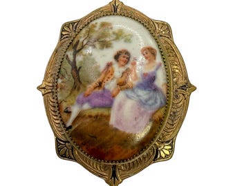 Vintage / Antik - Porzellan - Kamee - Viktorianisch - Liebespaar - Liebespaar - Garten - Handbemalt - Gold Ton - Brosche / Anstecknadel