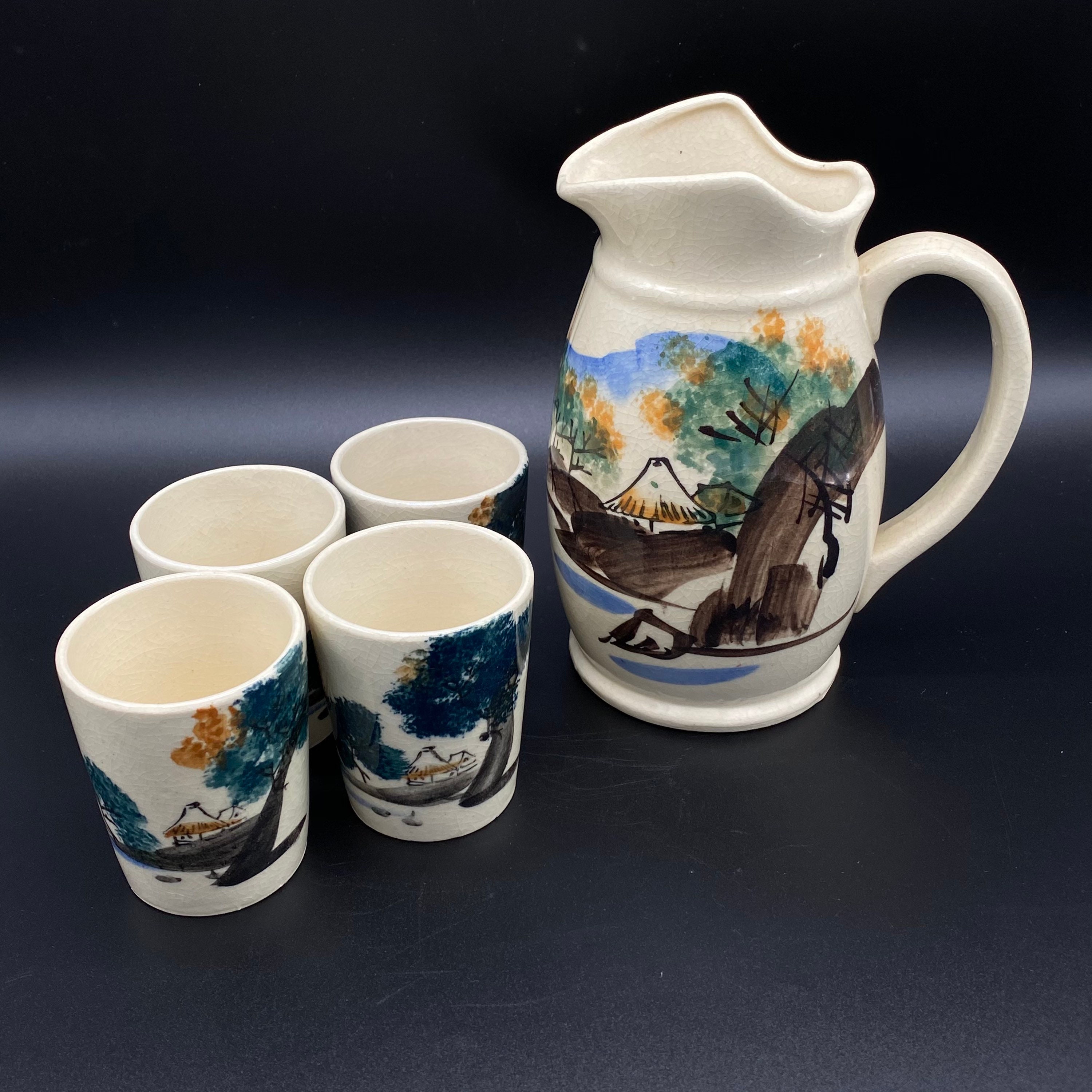 Vintage - Made in Japan - Pitcher and 4 Cups Set - Hand Painted