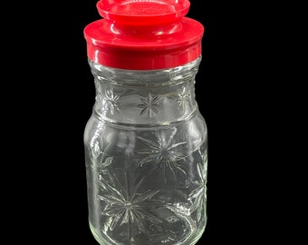 Vintage - Anchor Hocking - 32 Ounce - Glass Jar Canister - Red Screw Lid - 1970's Coffee Glass Jar / Canister - Starburst Pattern