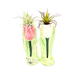 May include: Two ceramic tulip-shaped vases with green and white floral designs. Each vase has a small air plant growing inside.