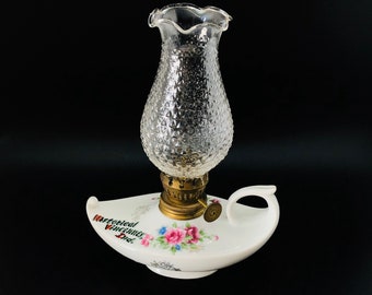 Vintage Finger Oil Lamp Made in Japan of Porcelain and Clear Glass Shade - Reads "Historical Vincennes Indiana"