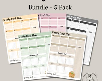 May include: A set of five weekly meal plan sheets in pastel shades of pink, green, and beige. Each sheet has sections for daily meal planning, a shopping list, and notes. The text "Weekly Meal Plan" and "Shopping List" are displayed on the sheets.