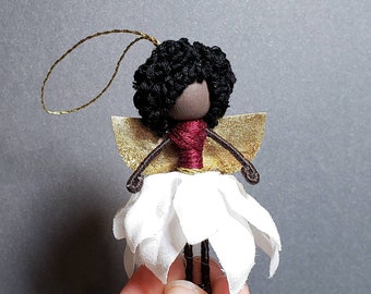 White Flower Angel Ornament, Black Angel, Flower Doll, Bendy Doll, Waldorf, African Angel, Mini Doll.
