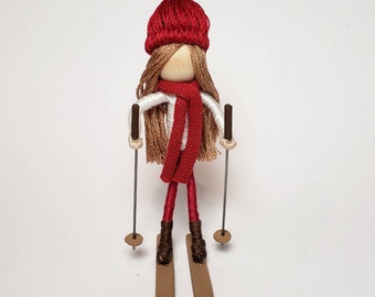 Custom Ski Girl Ornament, Winter Sports, Skiing, Wooden Skis, Sports Girl, Sports Decor.