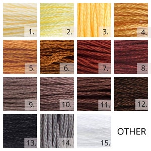 May include: A color chart of 15 different shades of thread, ranging from pale yellow to black. The chart is labeled with numbers 1 through 15. The word "OTHER" is printed below the chart.