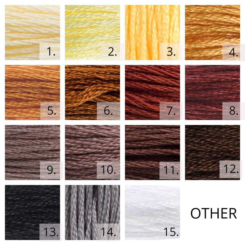 May include: A color chart of 15 different shades of thread, ranging from pale yellow to black. The chart is labeled with numbers 1 through 15. The word "OTHER" is printed below the chart.
