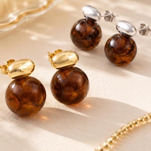 Tortoise Shell Stud Earrings, Gold or Silver Stainless Steel, Brown Ball Earrings, Hypoallergenic Everyday Jewelry