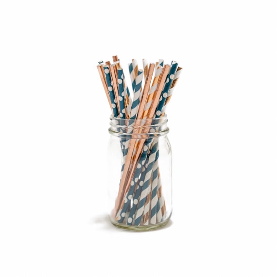 Navy Blue And Rose Gold Paper Straws Wedding Decor Baby Shower
