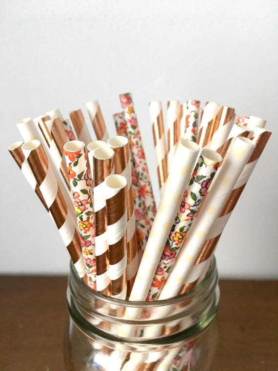 Paper Straws Rose Gold Champagne And Floral Copper Baby Shower
