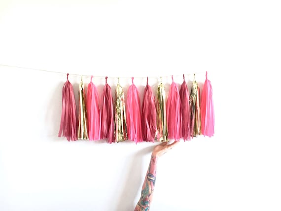 Hot Pink, Burgundy and Gold Mylar Tassel Garland, Valentines Day Decor, Birthday Banner, Bachelorette Party, Apartment Decor, Claret Wedding Il_570xn