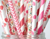 Paper Straws . Floral Pink and Red Hearts Chevron . valentines day / bridal shower decoration / mason jar buffet table / wedding party decor